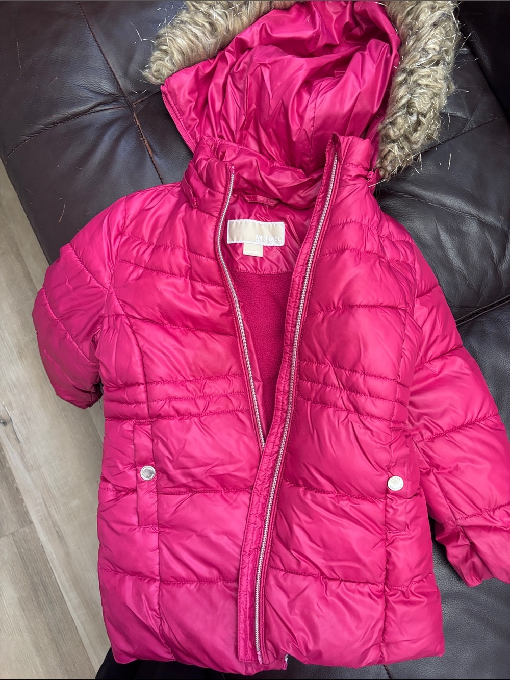 Michael Kors Hot Pink Hooded Puffer Jacket with Faux-Fur Trim